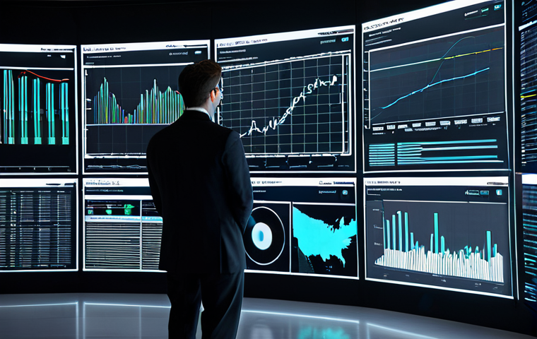 A professional data analyst, fully clothed in a modest business suit, intently examining complex statistical charts and graphs displayed on multiple holographic screens in a sleek, modern data visualization lab. The scene conveys the transformation of chaotic data into clear, actionable insights through descriptive statistics. There are abstract data flows and illuminated insights subtly integrated into the background. The image should feature perfect anatomy, correct proportions, well-formed hands, and proper finger count. This is a high-resolution, professional photography style image, appropriate content, safe for work, with a natural pose and professional dress.