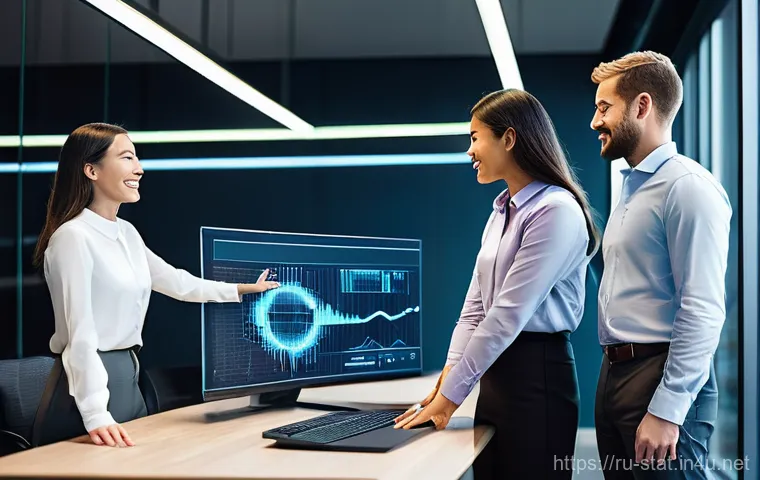 통계분석 직무 만족도 설문 조사 결과 - **Prompt:** A diverse group of four professional data analysts, two men and two women, all dressed i...