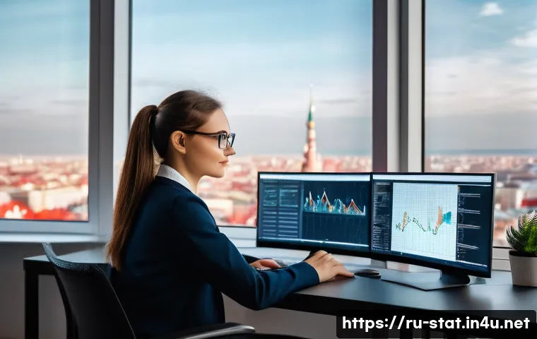 통계분석가의 글로벌 취업 가능성 - A professional female data analyst working in a modern office in Moscow, Russia, wearing smart busin...