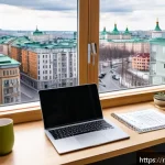 통계분석 코딩 초보자를 위한 가이드 - A modern home office setup for a Russian-speaking beginner learning statistics: a laptop screen disp...