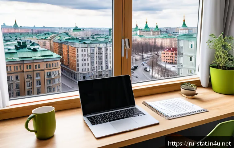 통계분석 코딩 초보자를 위한 가이드 - A modern home office setup for a Russian-speaking beginner learning statistics: a laptop screen disp...