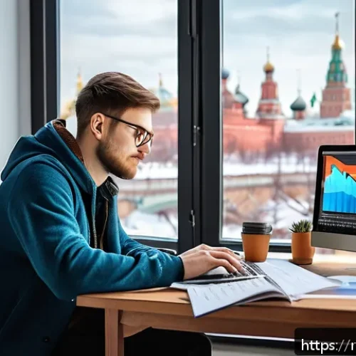 통계분석을 처음 시작하는 사람을 위한 가이드 - A cozy home office scene with a young Russian man sitting at a wooden desk using a laptop, surrounde...