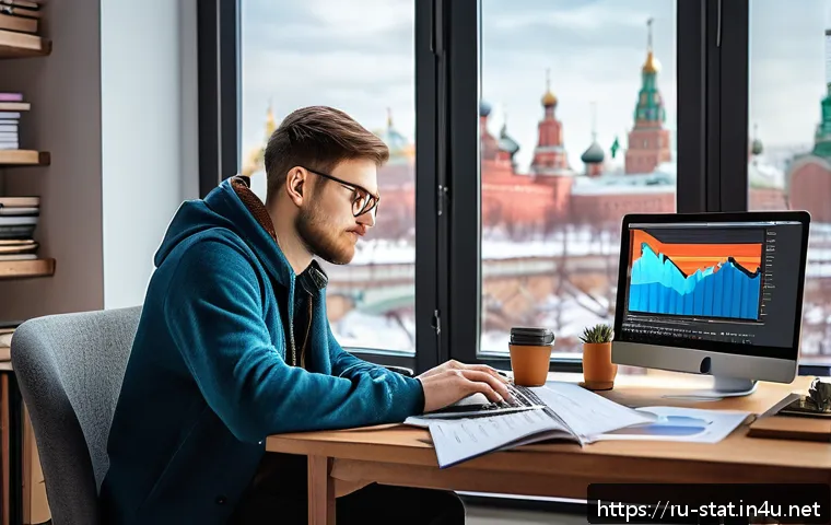 통계분석을 처음 시작하는 사람을 위한 가이드 - A cozy home office scene with a young Russian man sitting at a wooden desk using a laptop, surrounde...