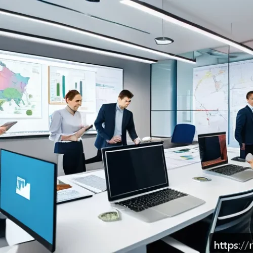 통계분석가를 위한 SQL 기본기 - A modern office scene showing a diverse group of Russian data analysts working collaboratively aroun...