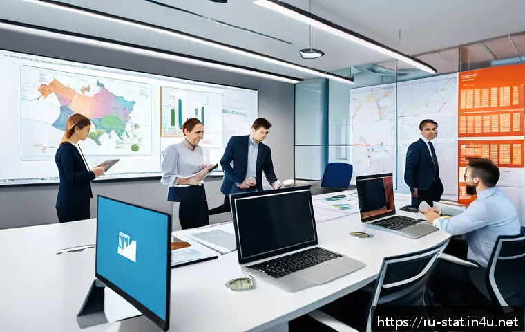 통계분석가를 위한 SQL 기본기 - A modern office scene showing a diverse group of Russian data analysts working collaboratively aroun...