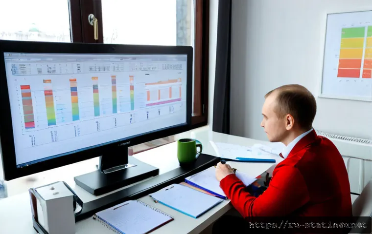 통계분석가를 위한 자기계발 방법 - Photorealistic Russian data analyst in a bright modern Moscow home office, thoughtfully reviewing co...